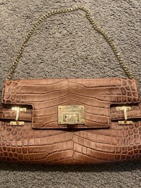 Michael Kors Brown Croc-Embossed Leather Chain Clutch Purse Shoulder Bag